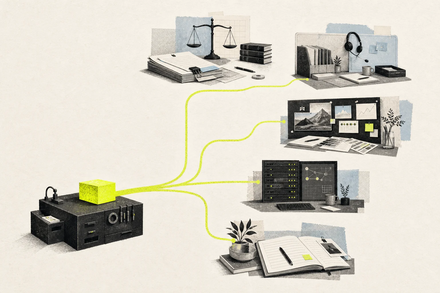 One agent workbench connected to legal, customer support, marketing, infrastructure, and coaching workspaces